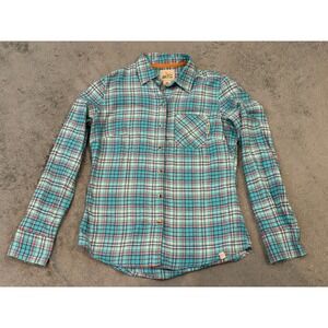Field Stream Womens Flannel Shirt Small Turquoise Blue Plaid Cotton Button Down